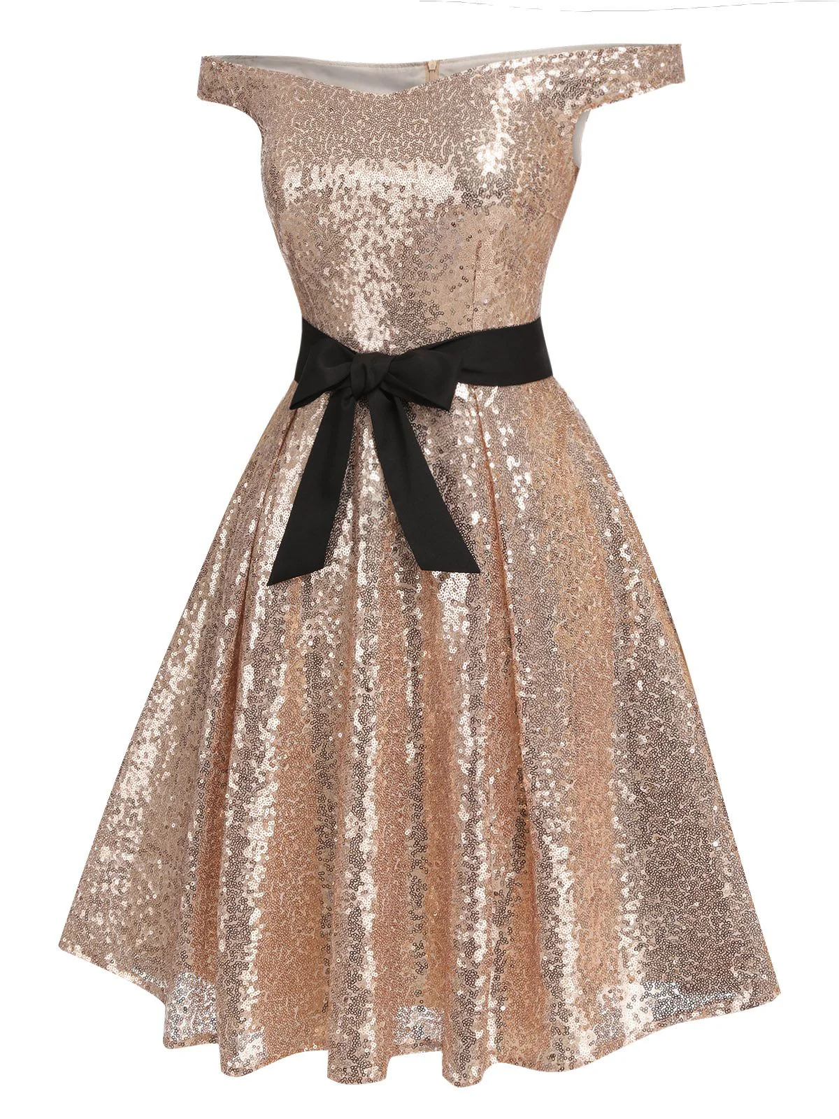 Champagne 1950s Sequined Off-shoulder Dress - Image 3