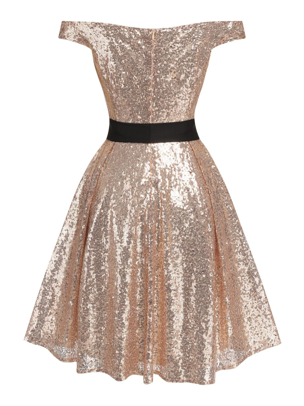 Champagne 1950s Sequined Off-shoulder Dress - Image 4