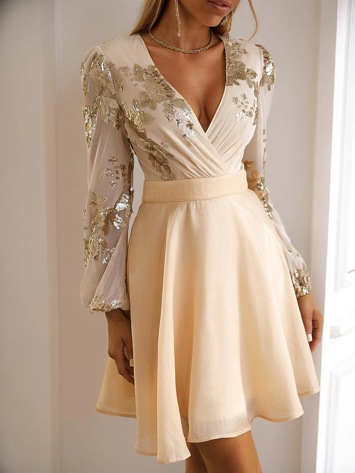 Champagne 1980s Gilded Long Sleeves Patchwork Dress - Image 2