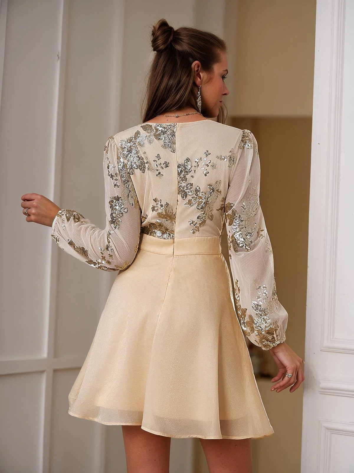 Champagne 1980s Gilded Long Sleeves Patchwork Dress - Image 3