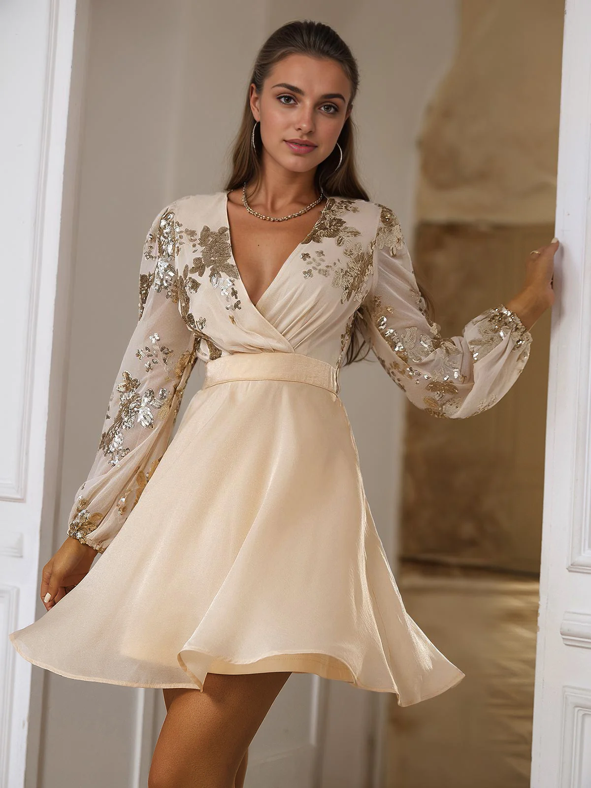 Champagne 1980s Gilded Long Sleeves Patchwork Dress - Image 4