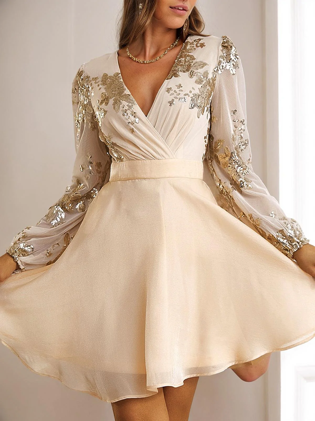 Champagne 1980s Gilded Long Sleeves Patchwork Dress - Image 5