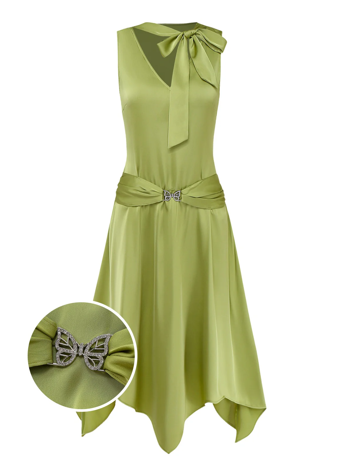 Chartreuse 1920s Shimmering Handkerchief Hem Dress - Image 3