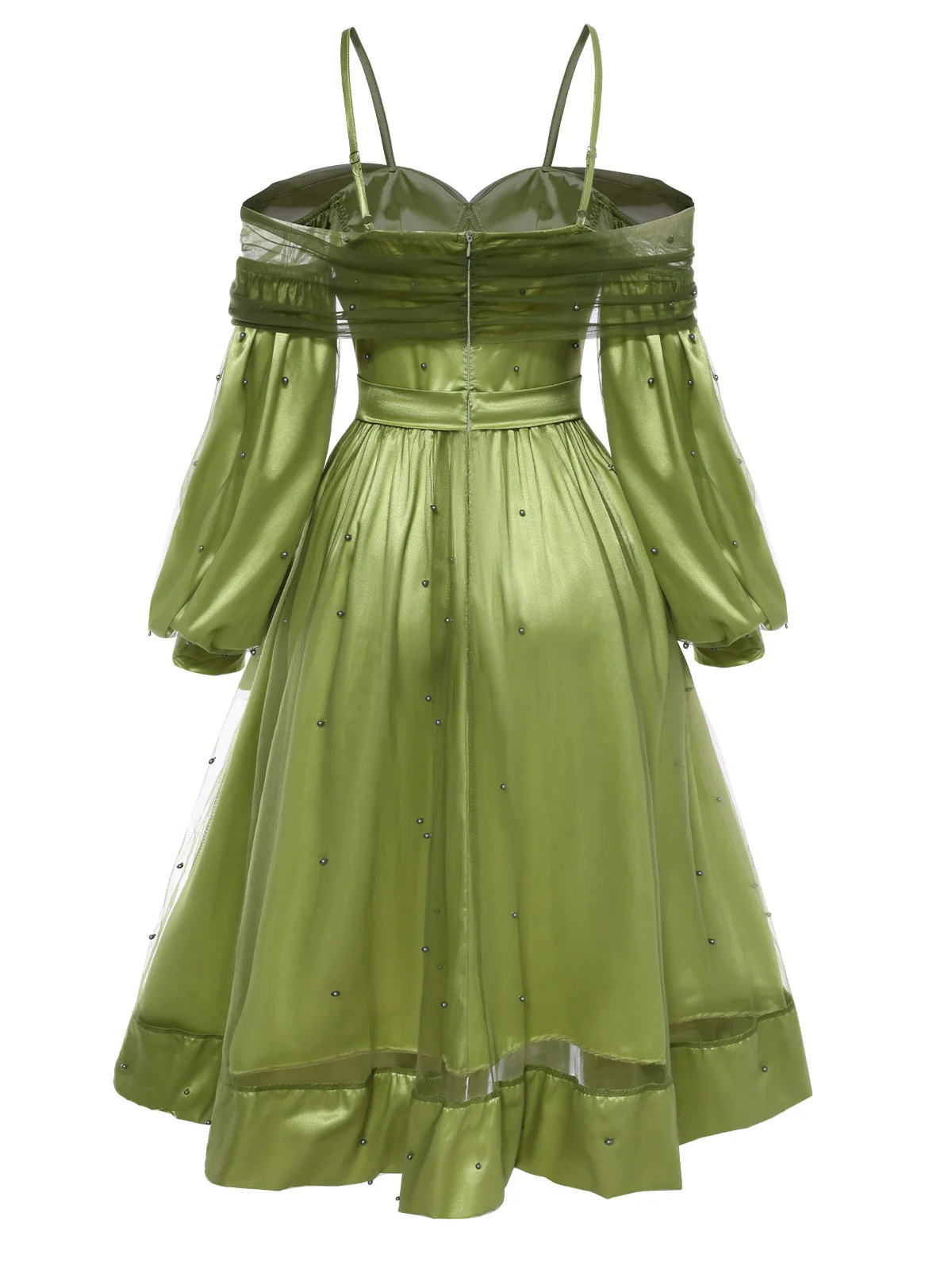 Chartreuse 1950s Pearl Mesh Patchwork Satin Dress - Image 2