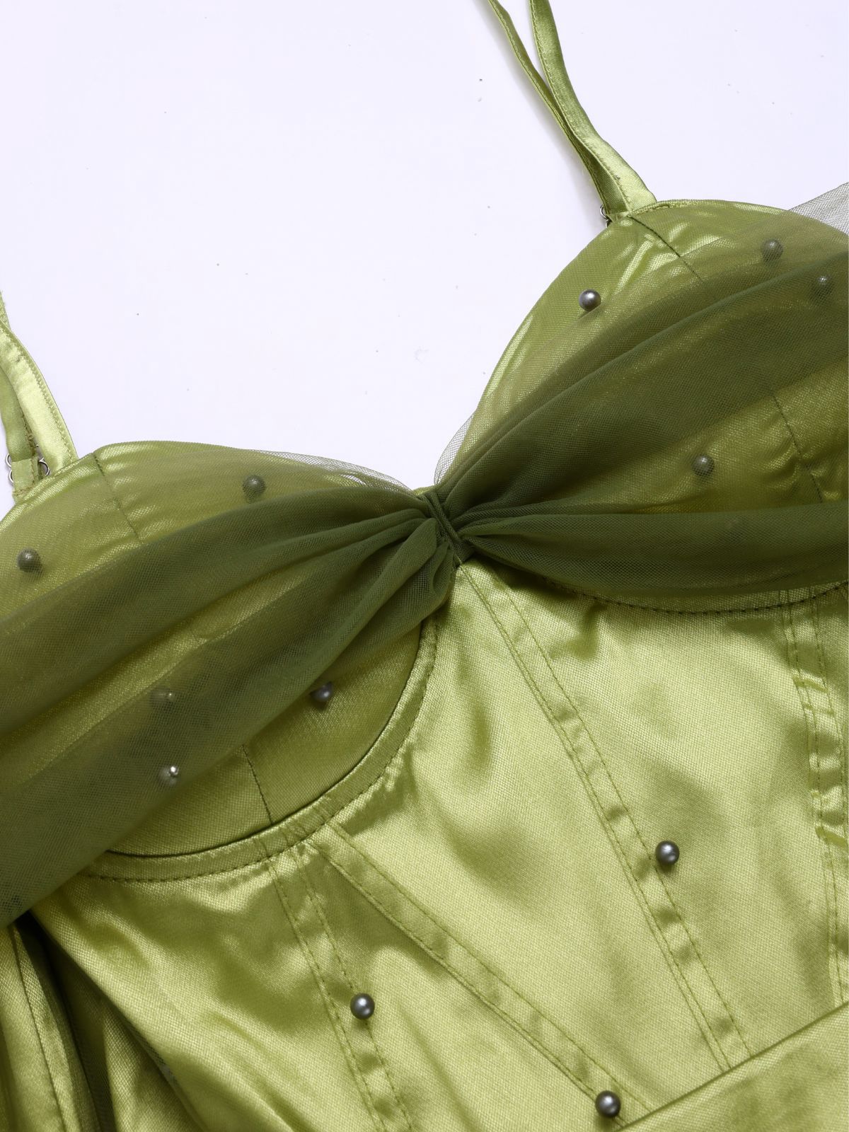 Chartreuse 1950s Pearl Mesh Patchwork Satin Dress - Image 3