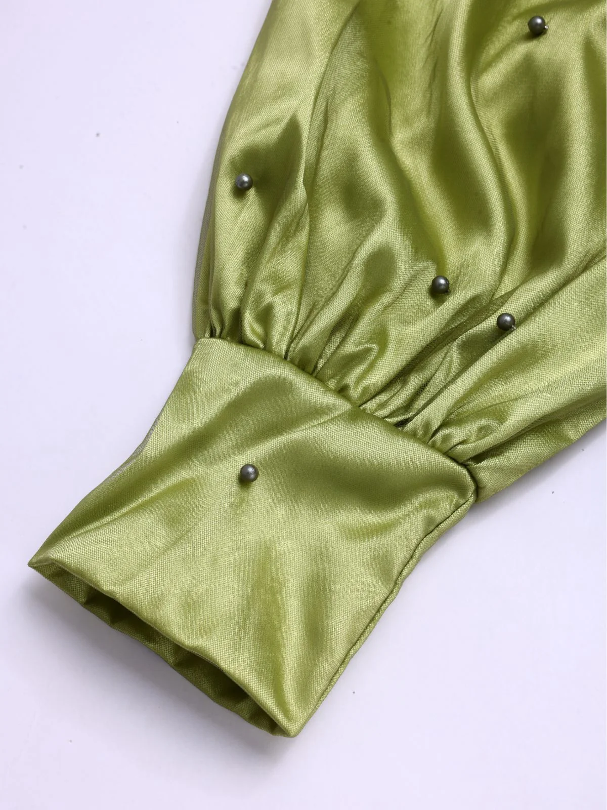 Chartreuse 1950s Pearl Mesh Patchwork Satin Dress - Image 4