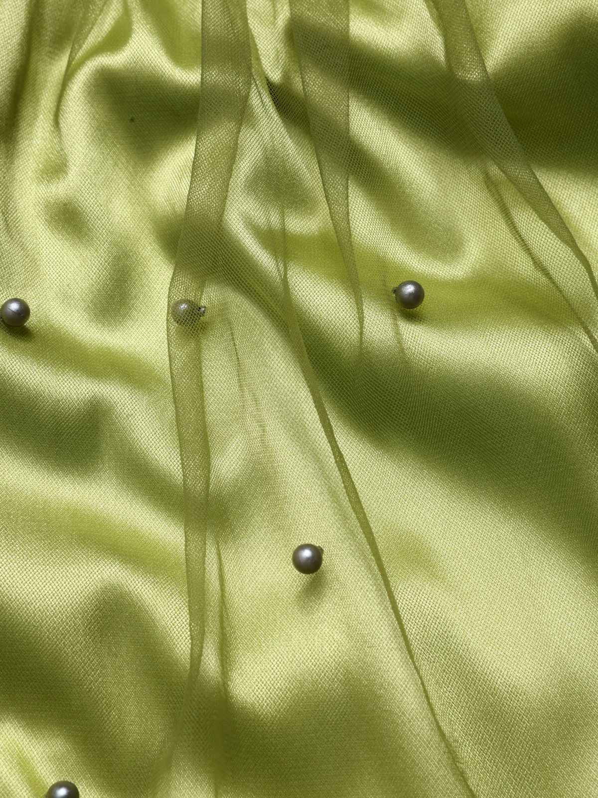 Chartreuse 1950s Pearl Mesh Patchwork Satin Dress - Image 6