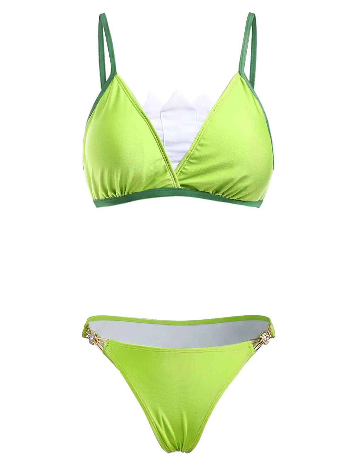 [Pre-Sale] Chartreuse 1970s Contrast Trim Rhinestone Triangle Bikini Set - Image 2
