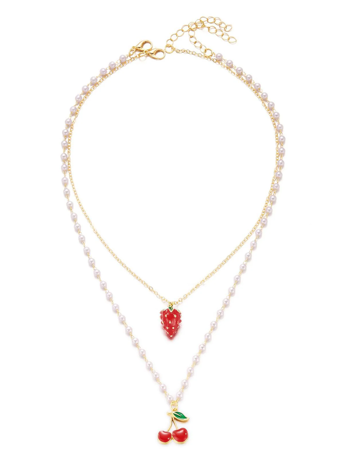 Cherry Strawberry Pearl Pendant Layered Necklace - Image 2