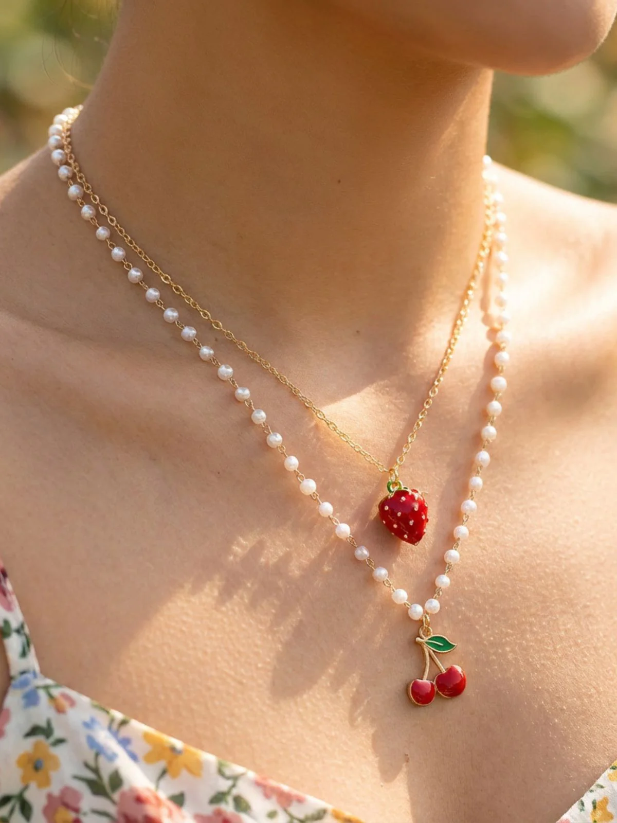 Cherry Strawberry Pearl Pendant Layered Necklace - Image 3