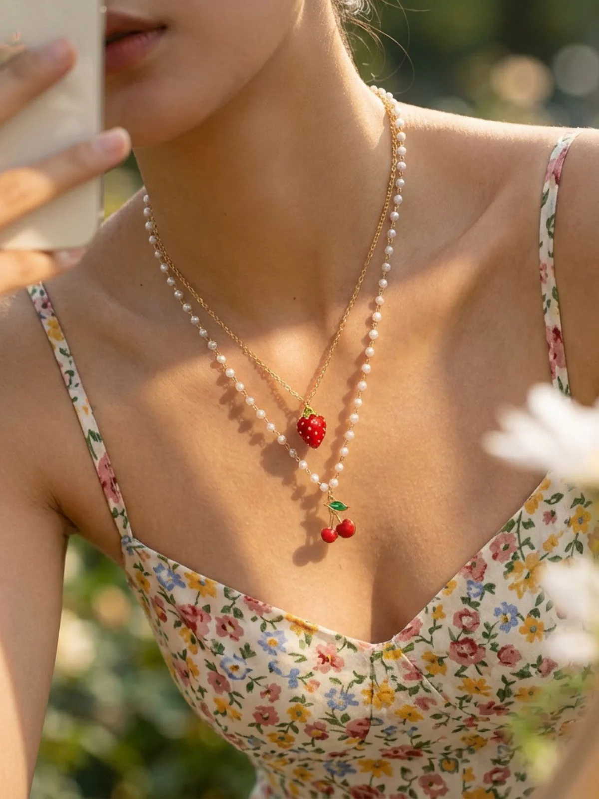 Cherry Strawberry Pearl Pendant Layered Necklace - Image 4