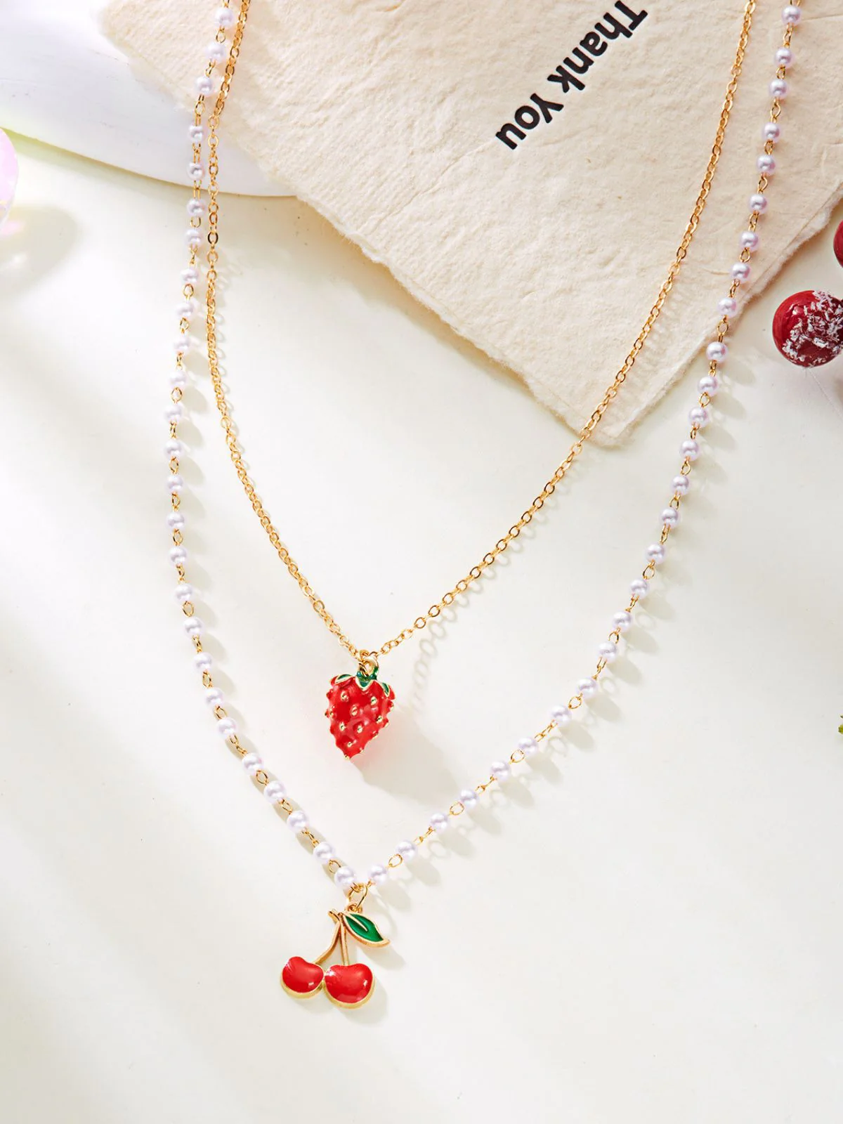 Cherry Strawberry Pearl Pendant Layered Necklace - Image 5