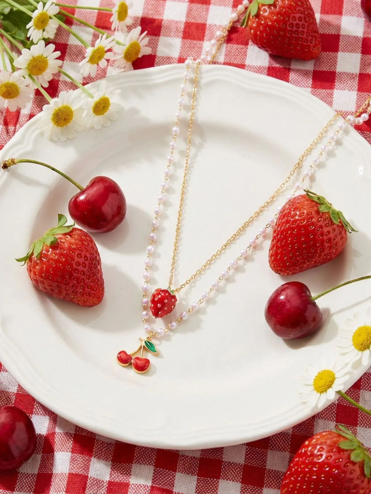 Cherry Strawberry Pearl Pendant Layered Necklace - Image 6