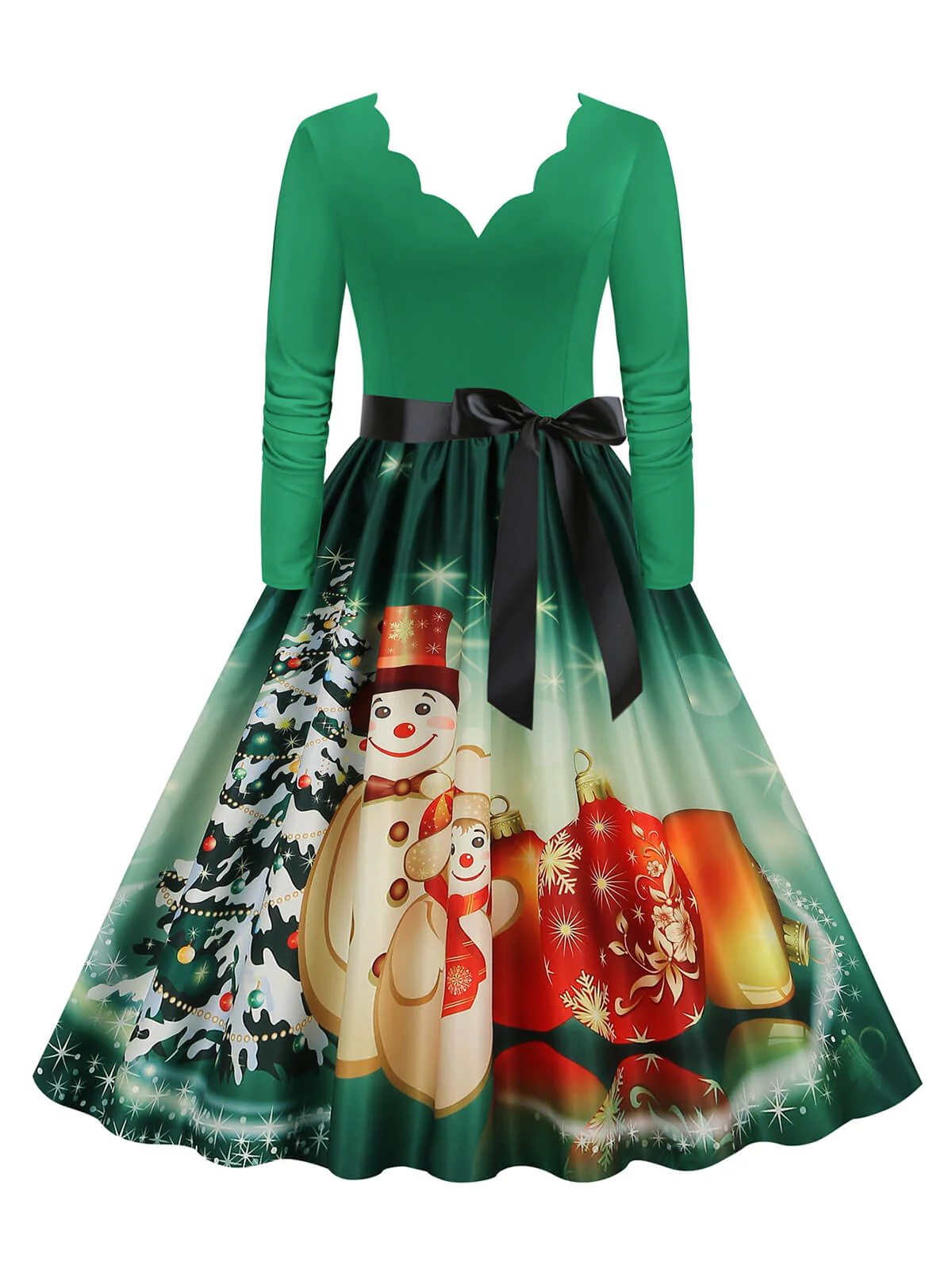 Christmas 1950s V-Neck Long Sleeve Patchwork Dress - Image 11