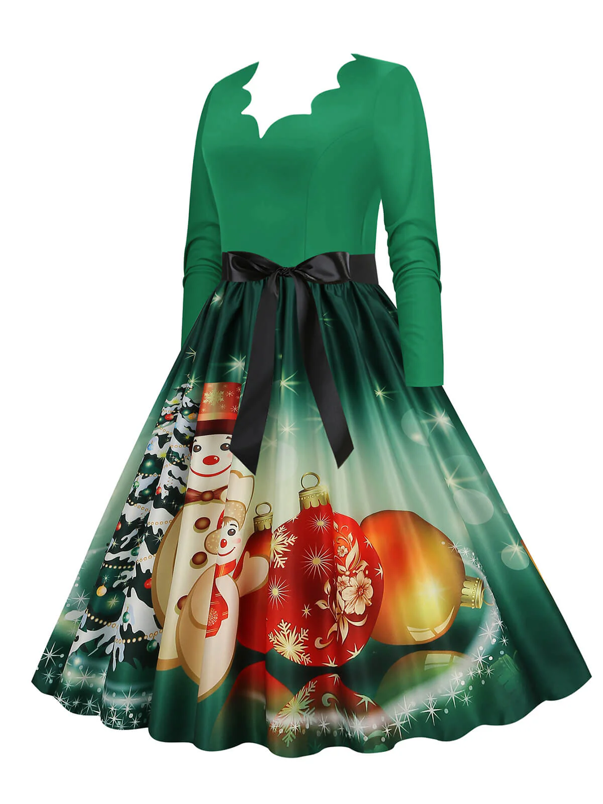 Christmas 1950s V-Neck Long Sleeve Patchwork Dress - Image 12