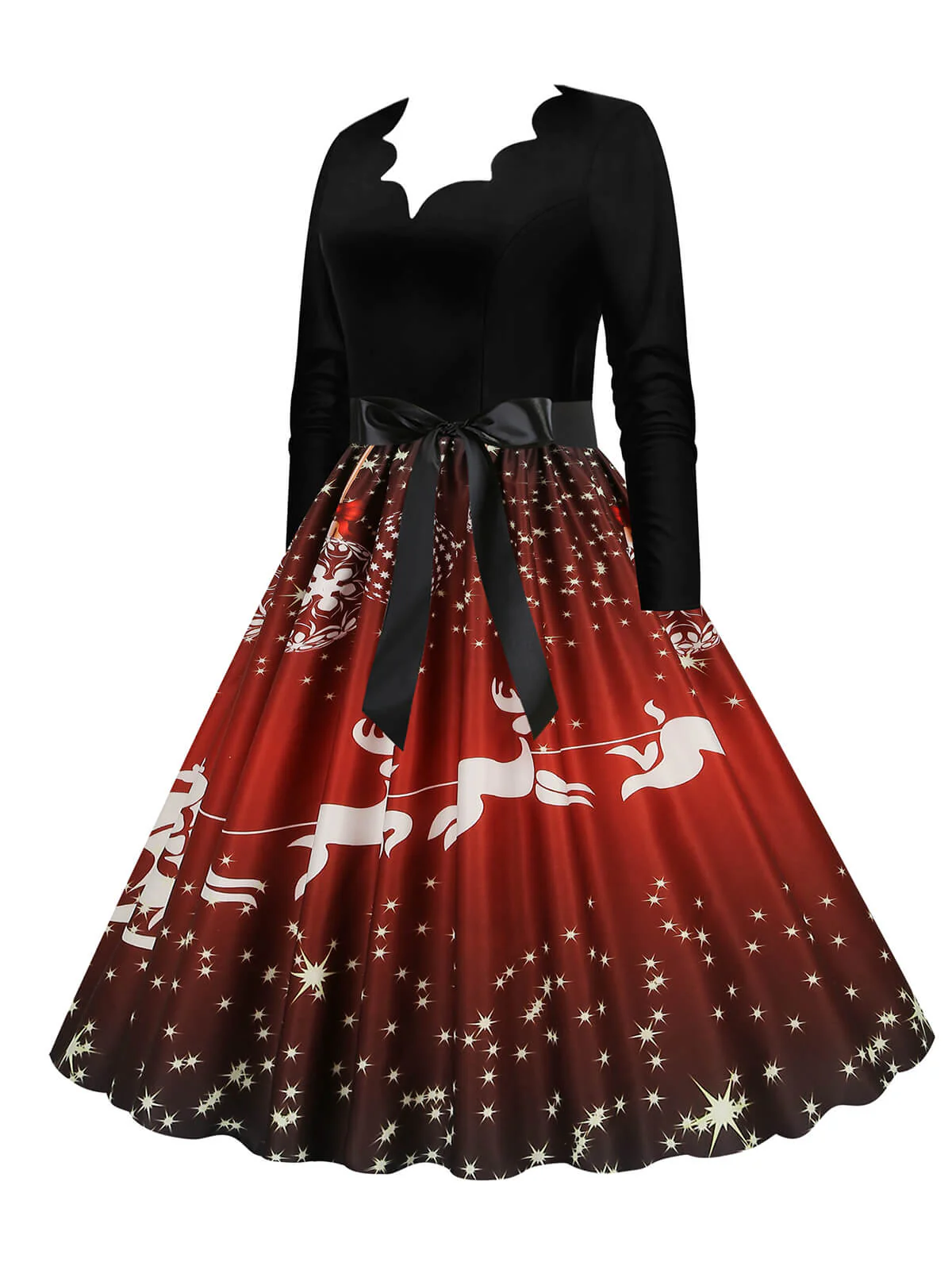 Christmas 1950s V-Neck Long Sleeve Patchwork Dress - Image 2