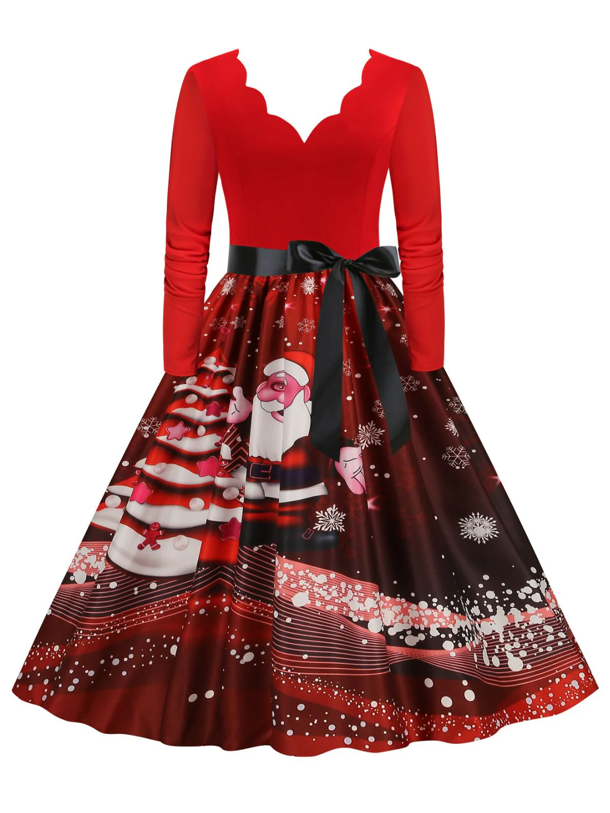 Christmas 1950s V-Neck Long Sleeve Patchwork Dress - Image 4