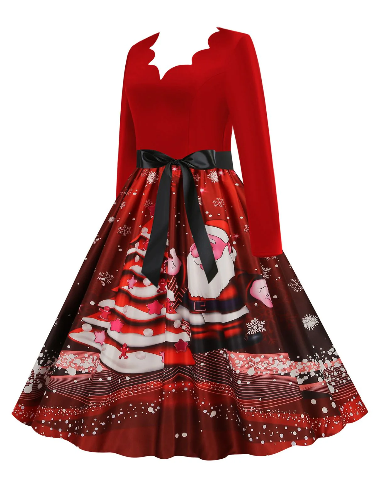 Christmas 1950s V-Neck Long Sleeve Patchwork Dress - Image 5