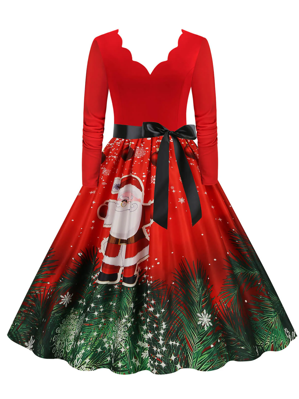 Christmas 1950s V-Neck Long Sleeve Patchwork Dress - Image 7