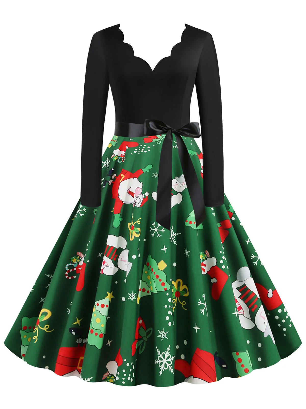 Christmas 1950s V-Neck Patchwork Swing Dress - Image 4