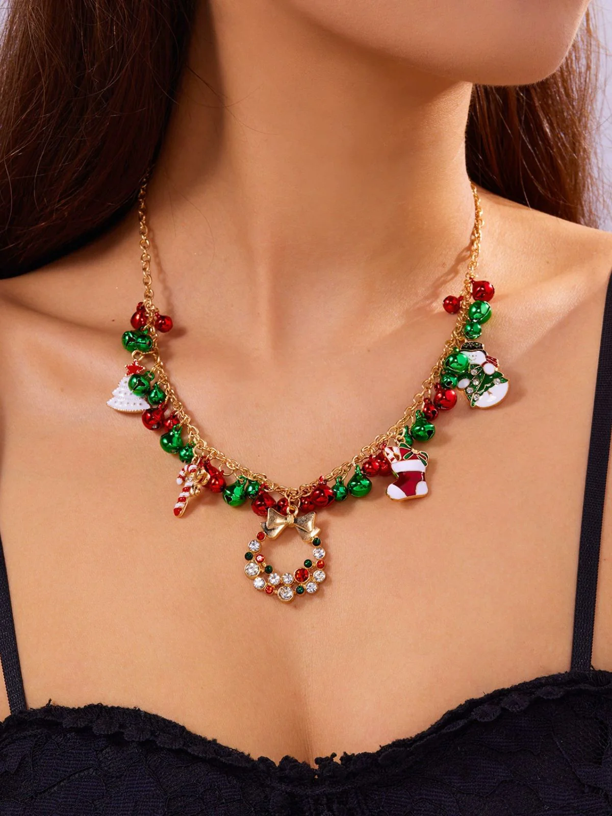 Christmas Bells Candy Cane Wreath Pendants Necklace - Image 3