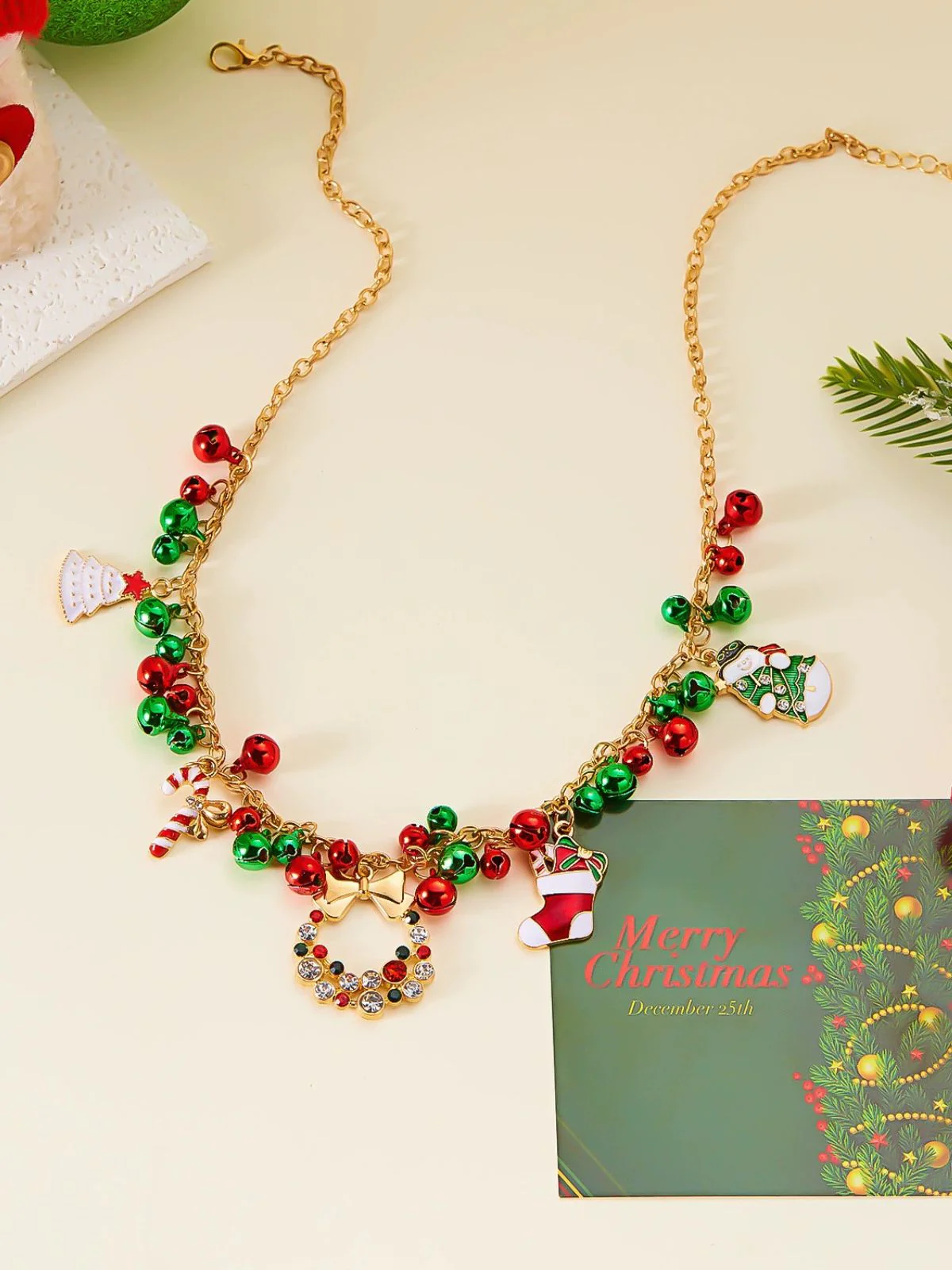 Christmas Bells Candy Cane Wreath Pendants Necklace - Image 5