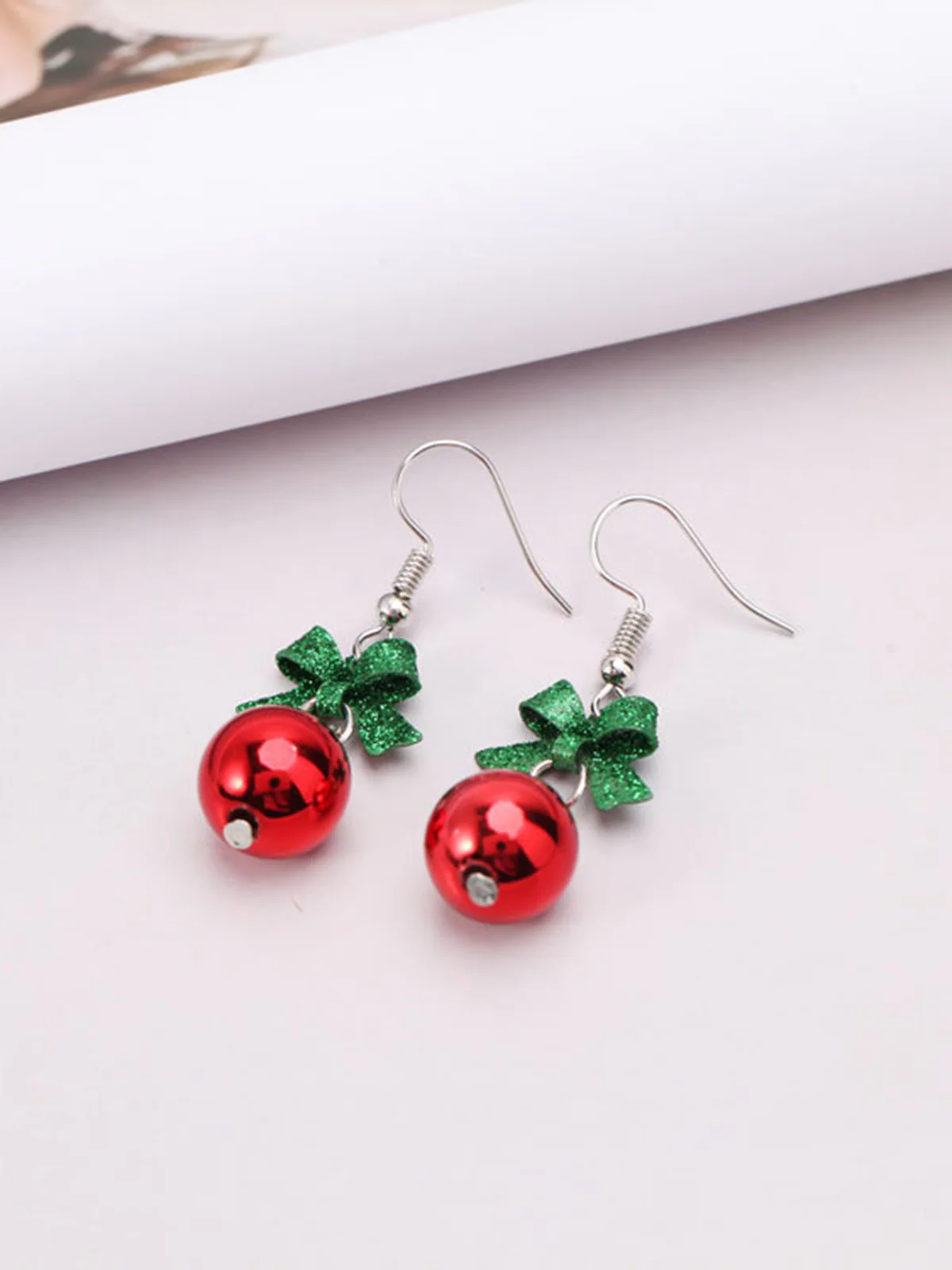 Christmas Bow Red Bead Drop Earrings - Image 2