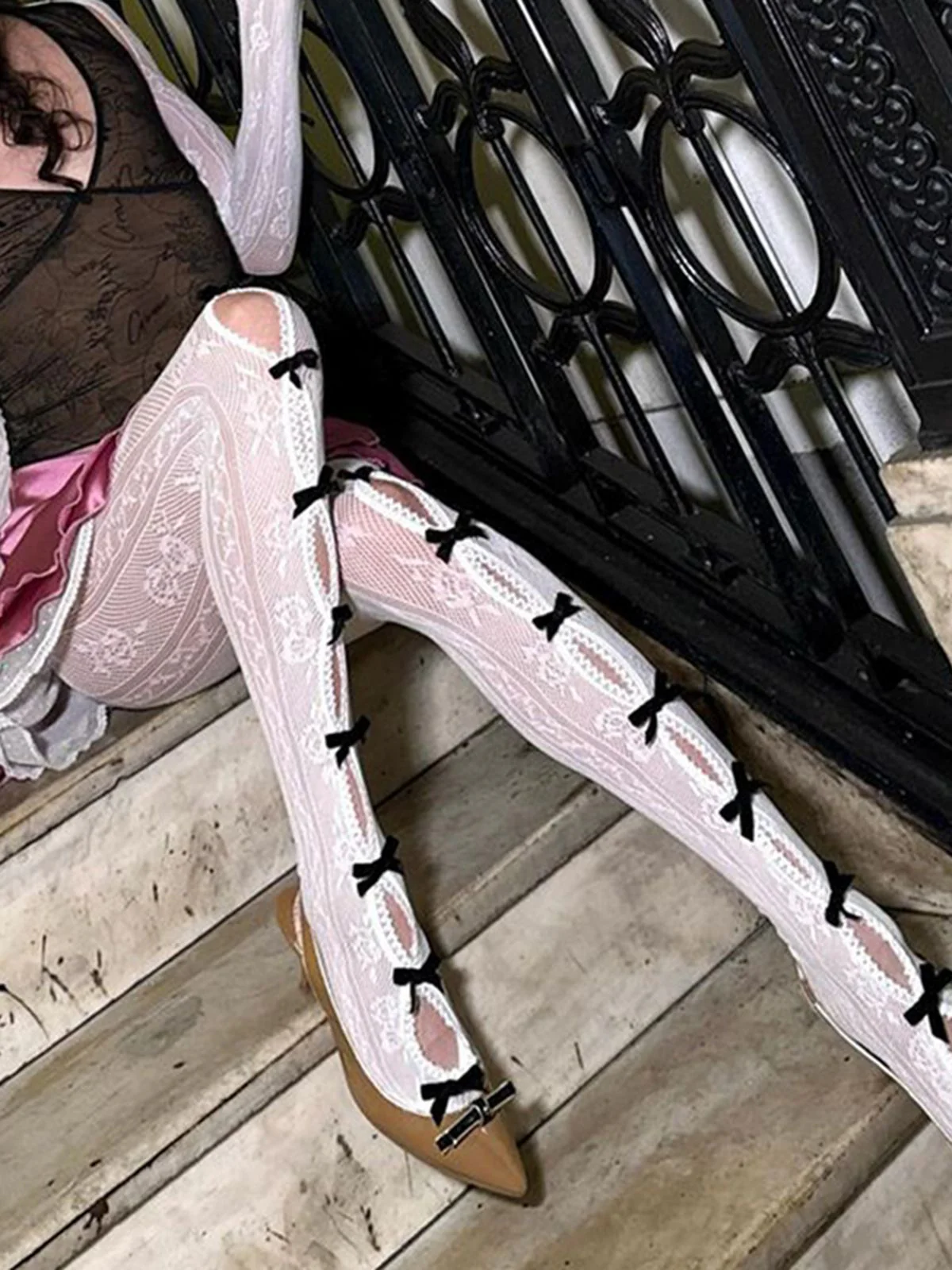 Christmas Bowknot Solid Lace Stockings - Image 2