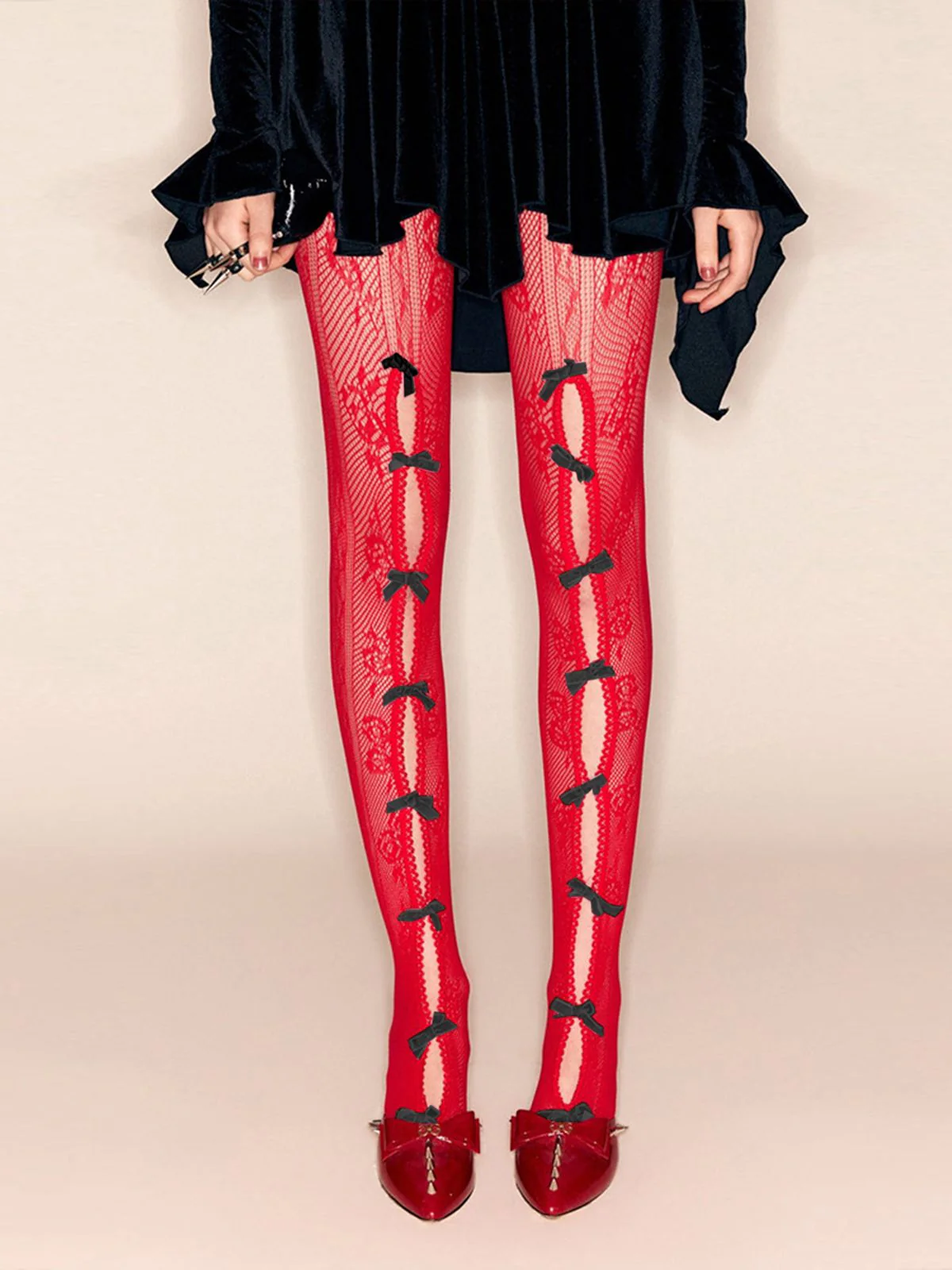 Christmas Bowknot Solid Lace Stockings - Image 3
