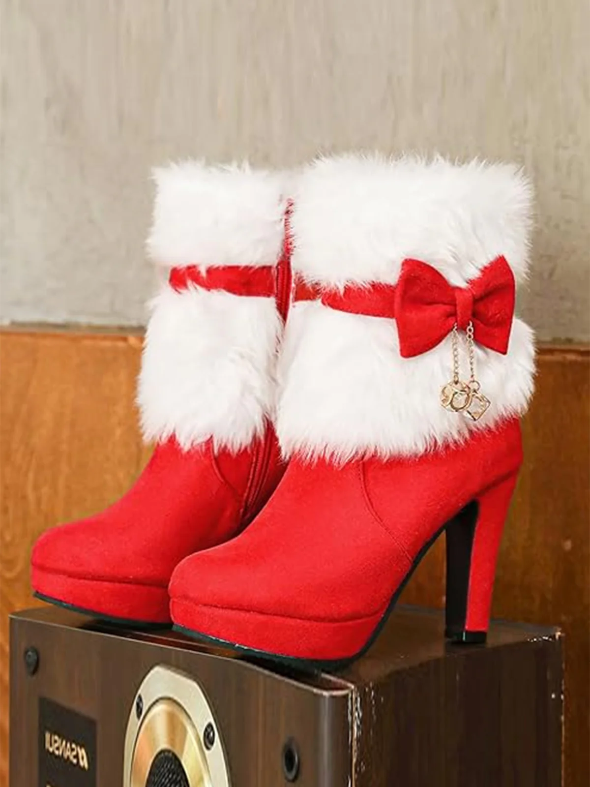 Christmas Flannelette Fur Beading Chunky Heel Boots - Image 2