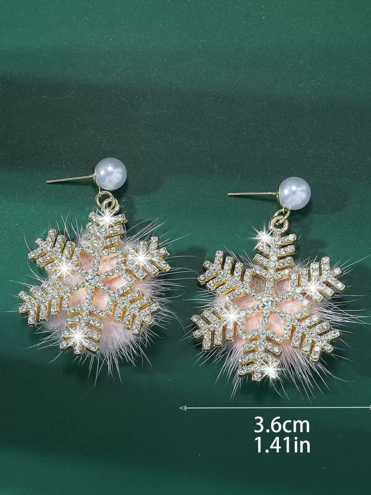 Christmas Fluffy Snowflake Diamond Pearl Earrings - Image 2
