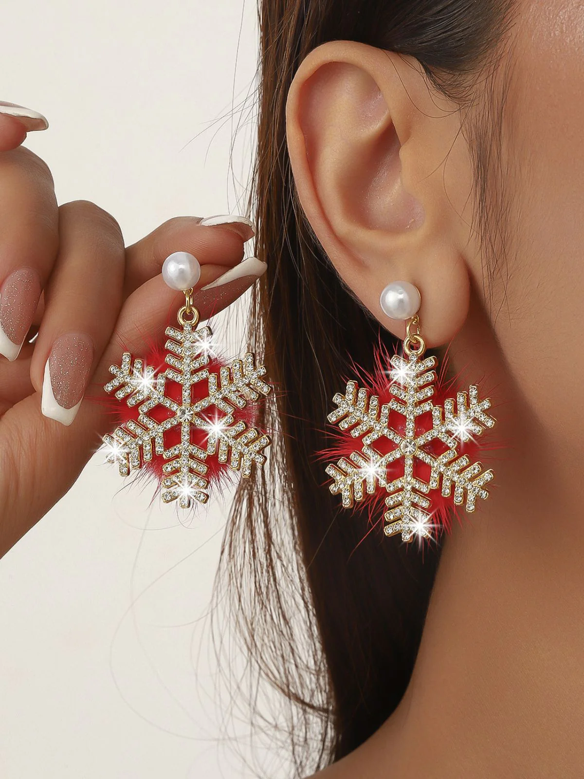 Christmas Fluffy Snowflake Diamond Pearl Earrings - Image 3