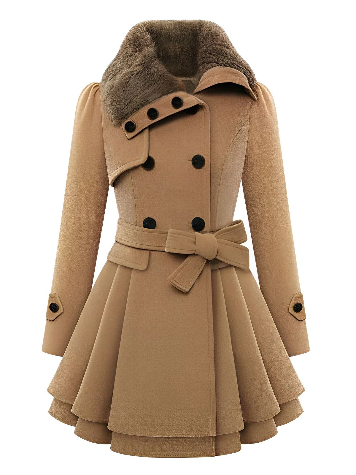 Christmas Fur Collar Waisted Woolen Coat - Image 5