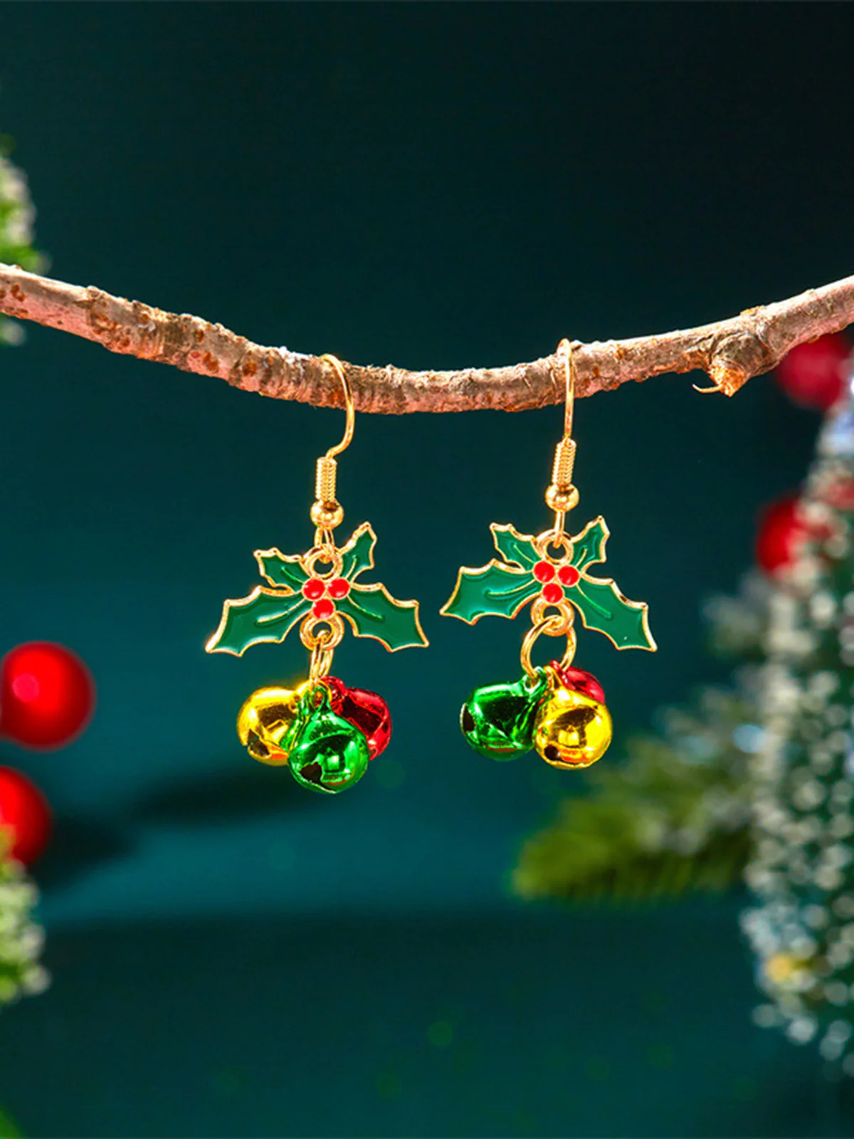 Christmas Holly Leaf Jingle Bell Drop Earrings - Image 2