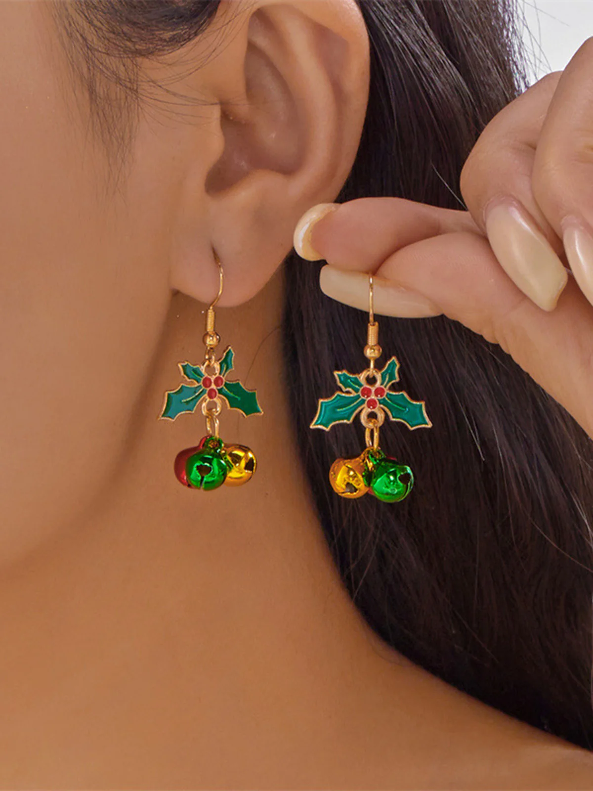 Christmas Holly Leaf Jingle Bell Drop Earrings - Image 3