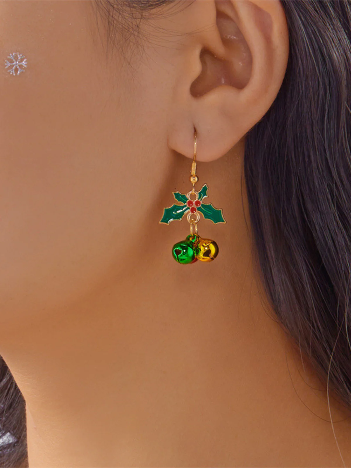 Christmas Holly Leaf Jingle Bell Drop Earrings - Image 4