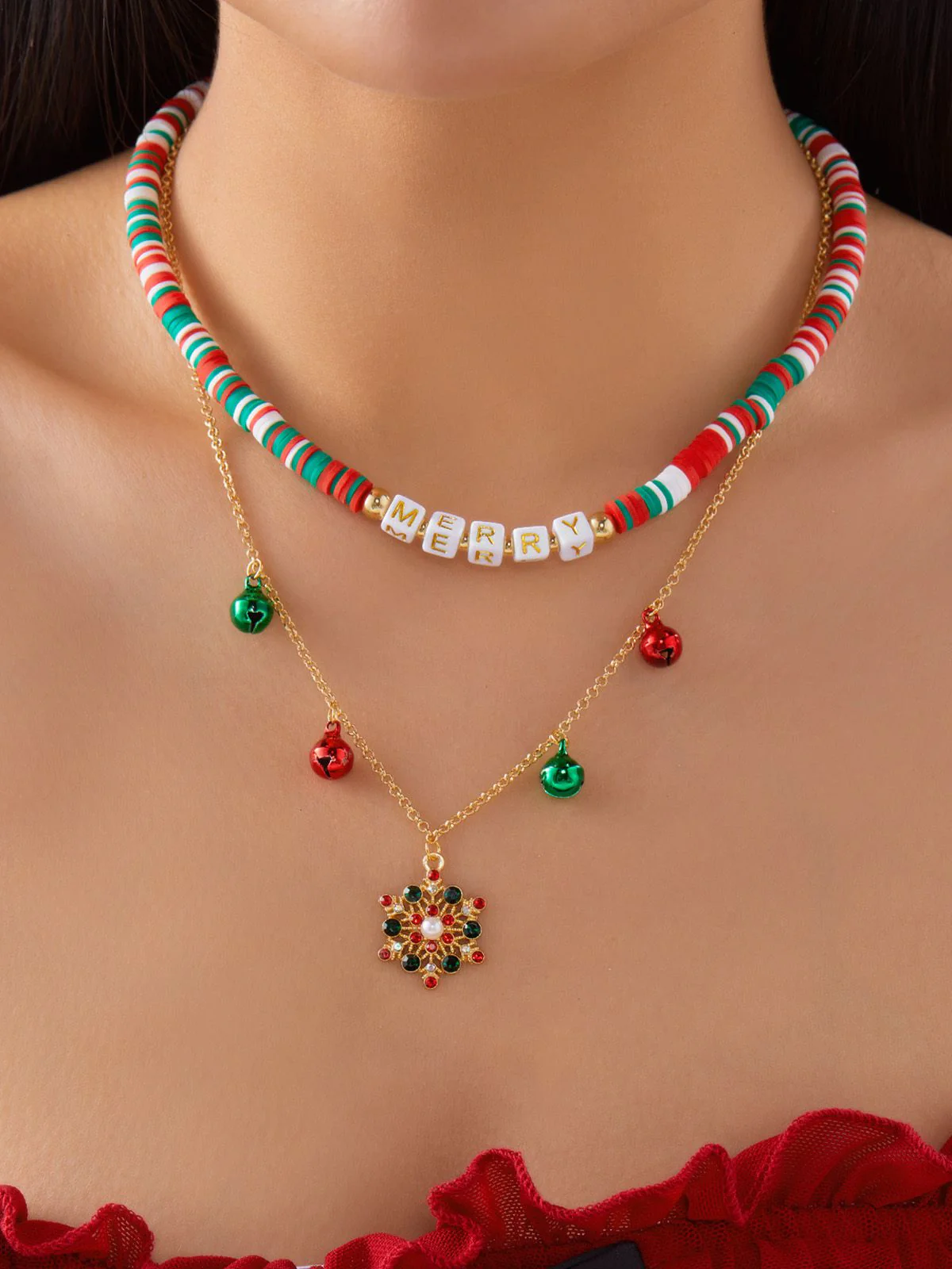 Christmas Layered Beaded Bells Necklace - Image 2