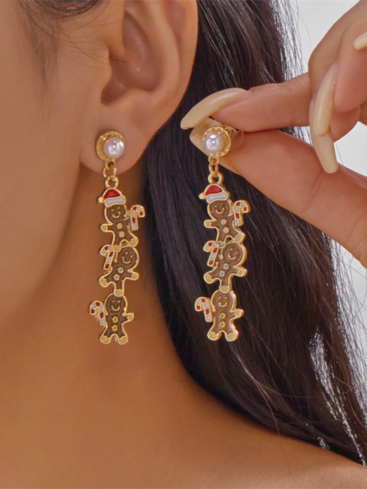 Christmas Multi-Gingerbread Man Pearl Earrings - Image 2