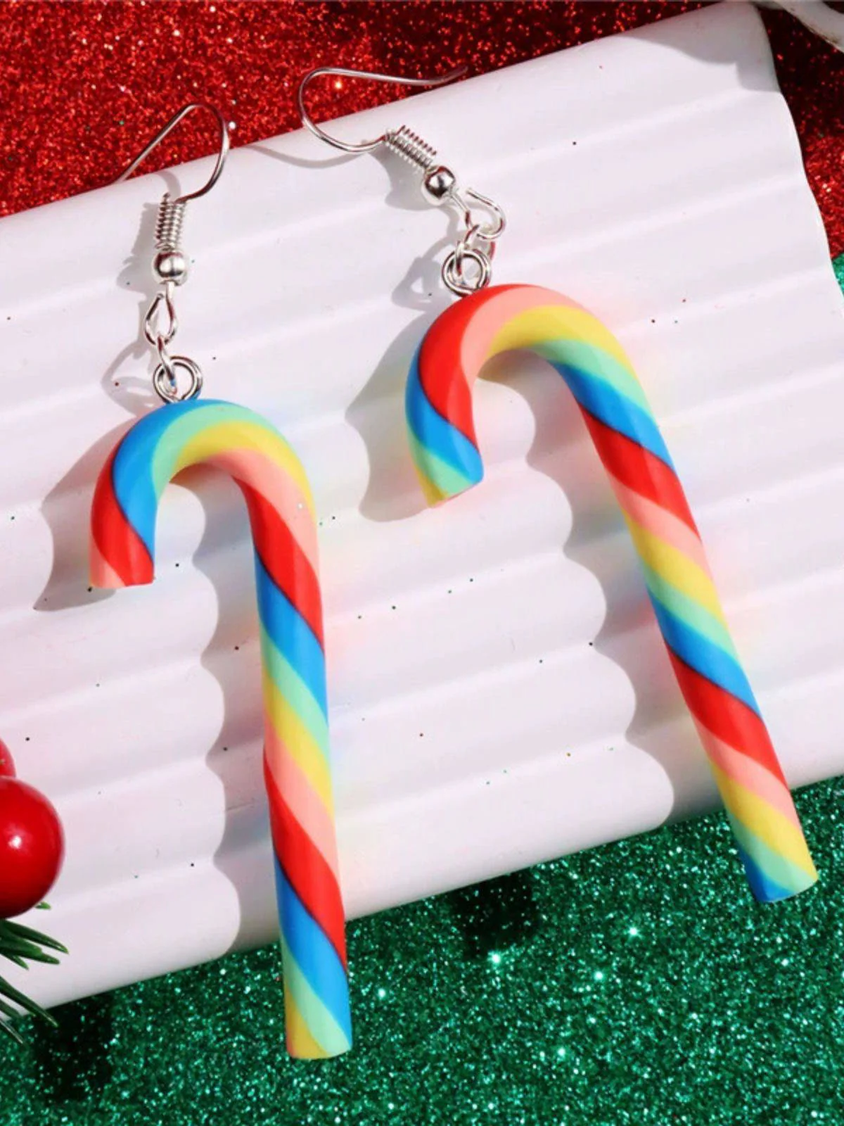 Christmas Rainbow Cane Candy Color Earrings - Image 14