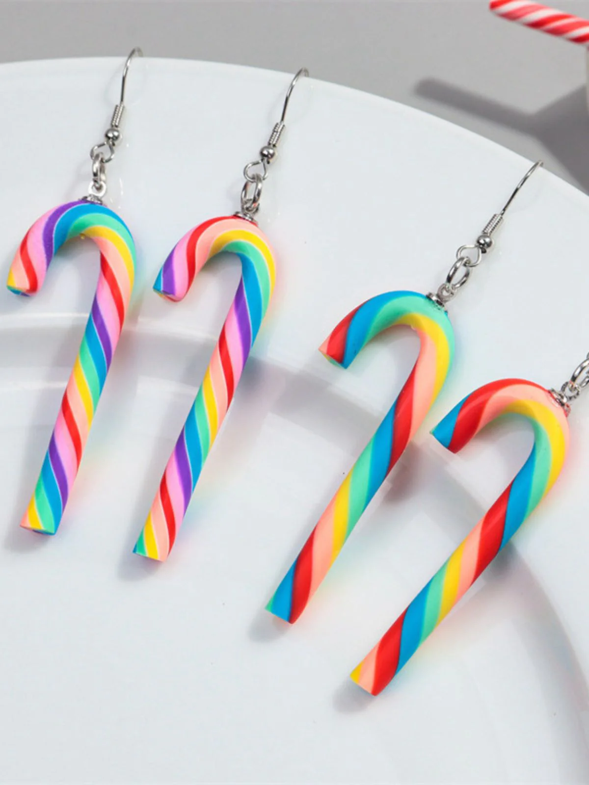 Christmas Rainbow Cane Candy Color Earrings - Image 4