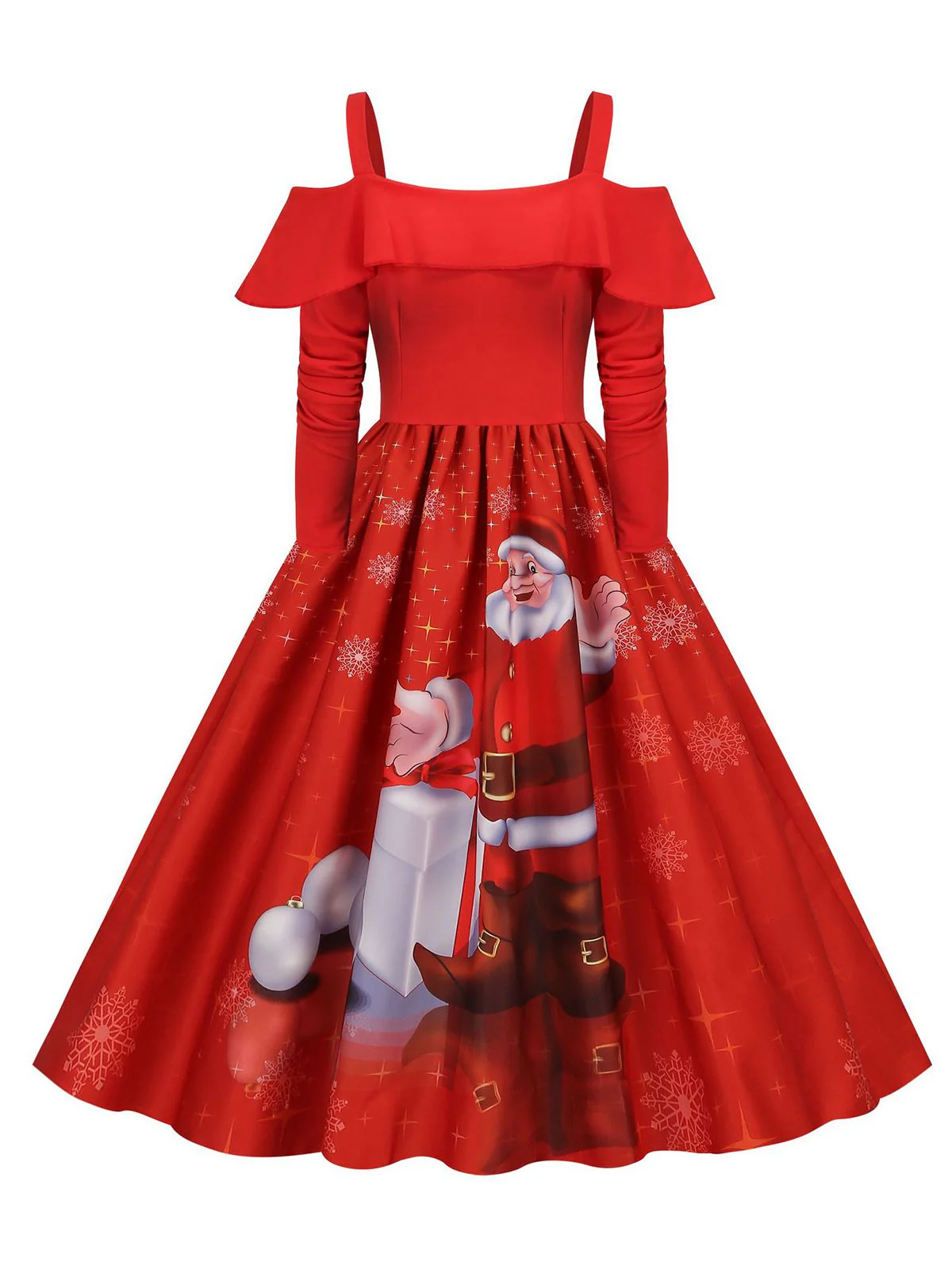 Christmas Suspender Ruffle Long Sleeve Dress - Image 3