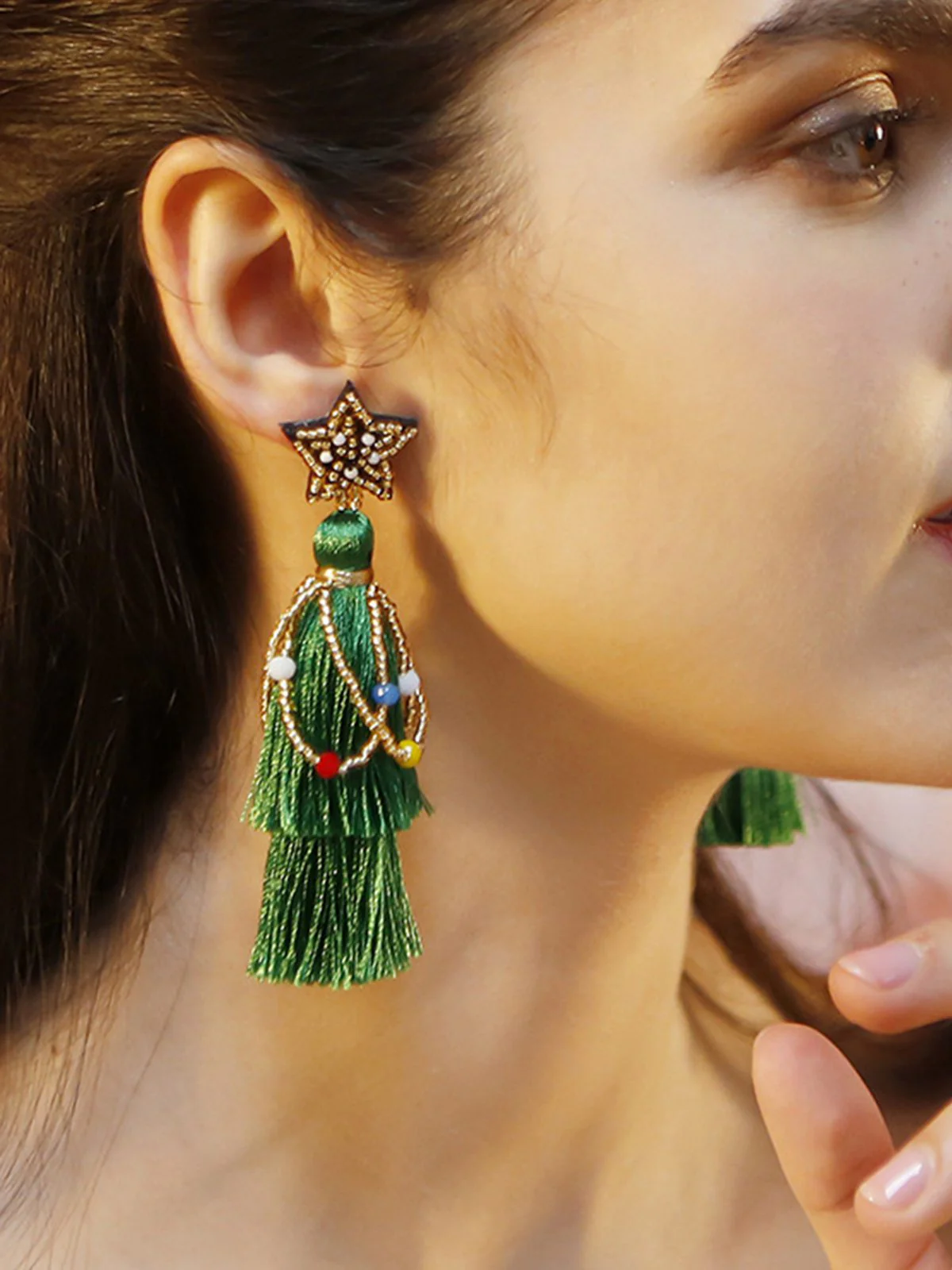 Christmas Tree Tassel Beaded Dangle Earrings - Image 2