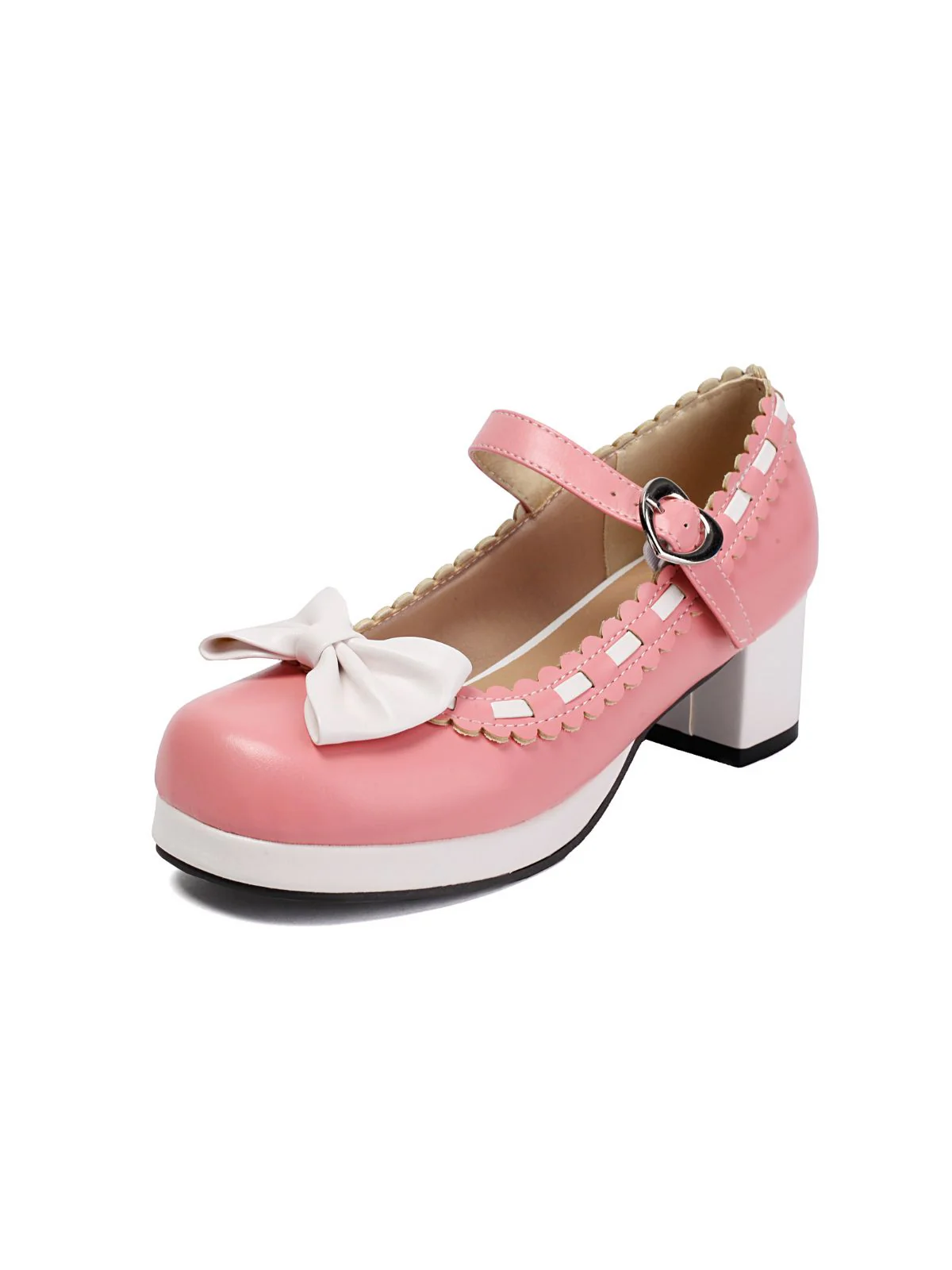 Chunky Heel Two Tone Bow Marry Jane Shoes - Image 4