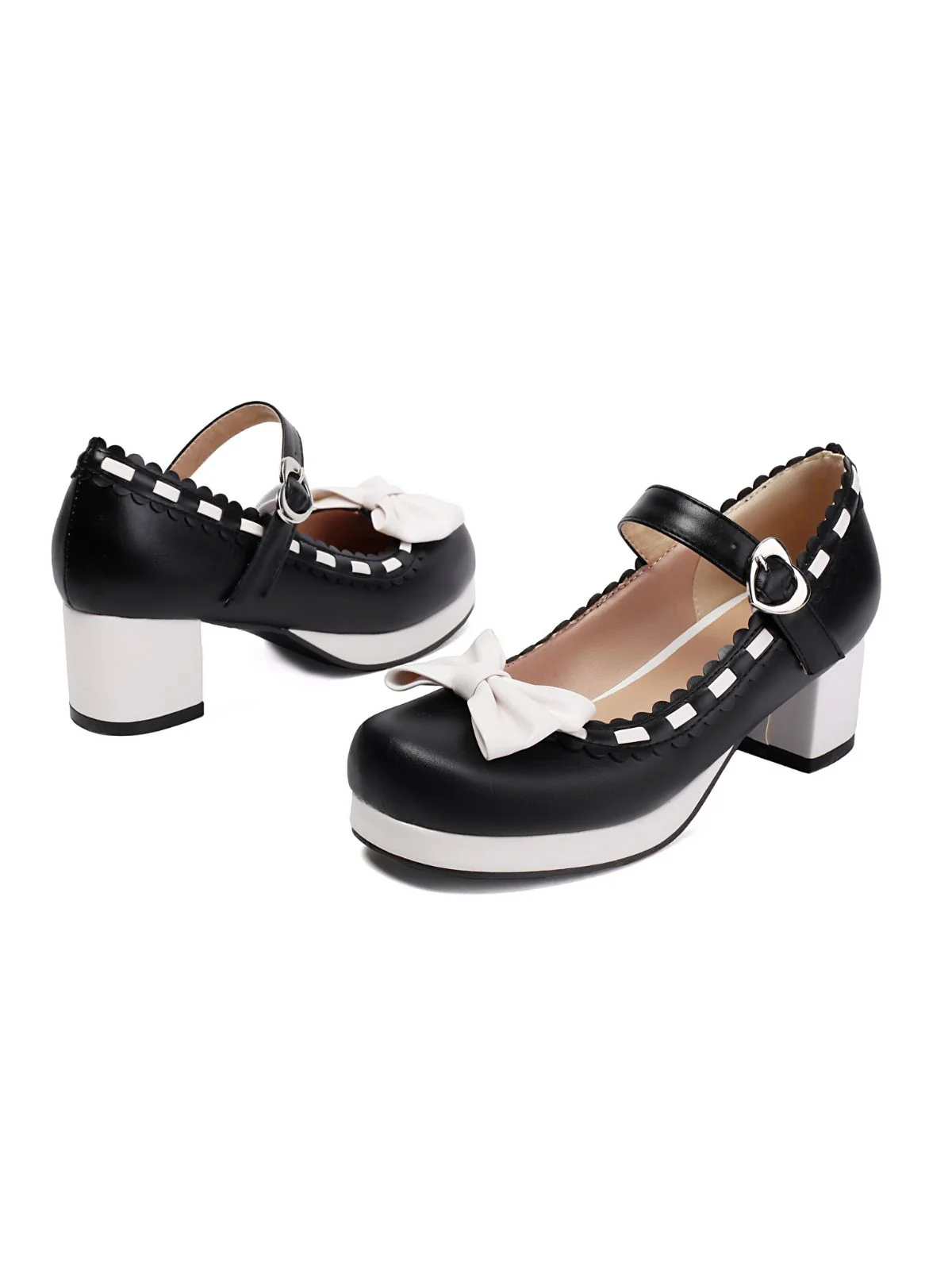Chunky Heel Two Tone Bow Marry Jane Shoes - Image 8