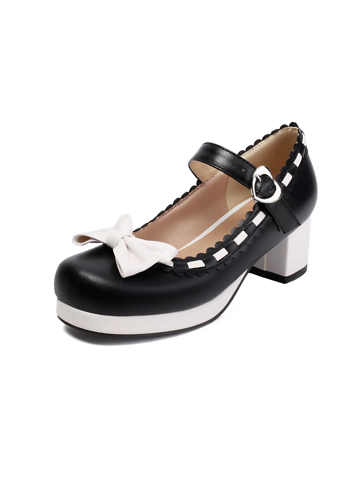 Chunky Heel Two Tone Bow Marry Jane Shoes - Image 9