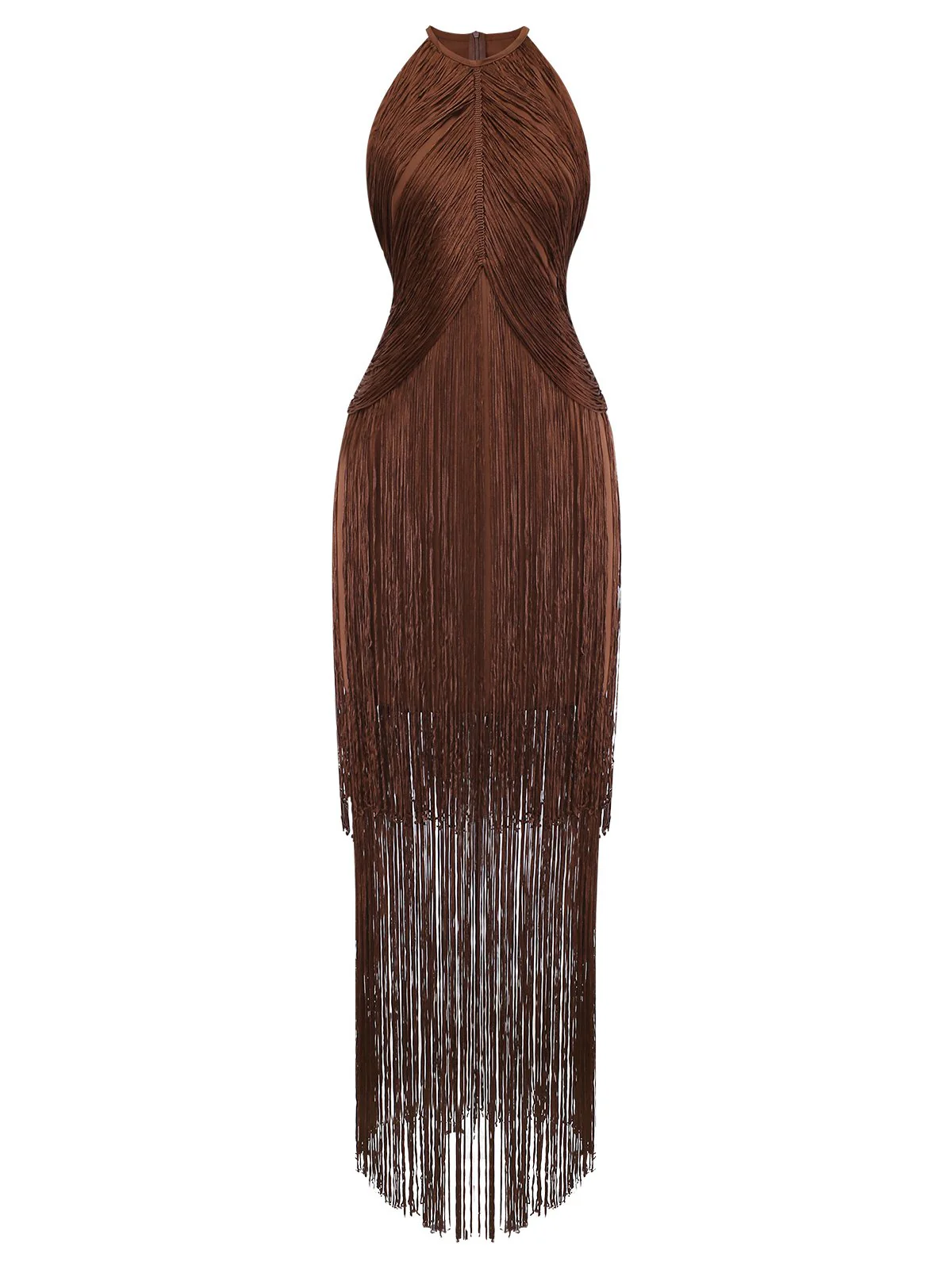 Coffee 1920s Solid Fringe Halter Sleeveless Dress - Image 2
