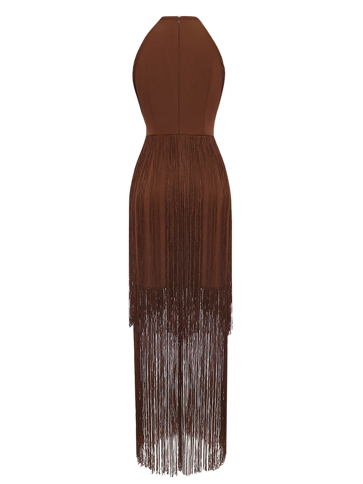 Coffee 1920s Solid Fringe Halter Sleeveless Dress - Image 3