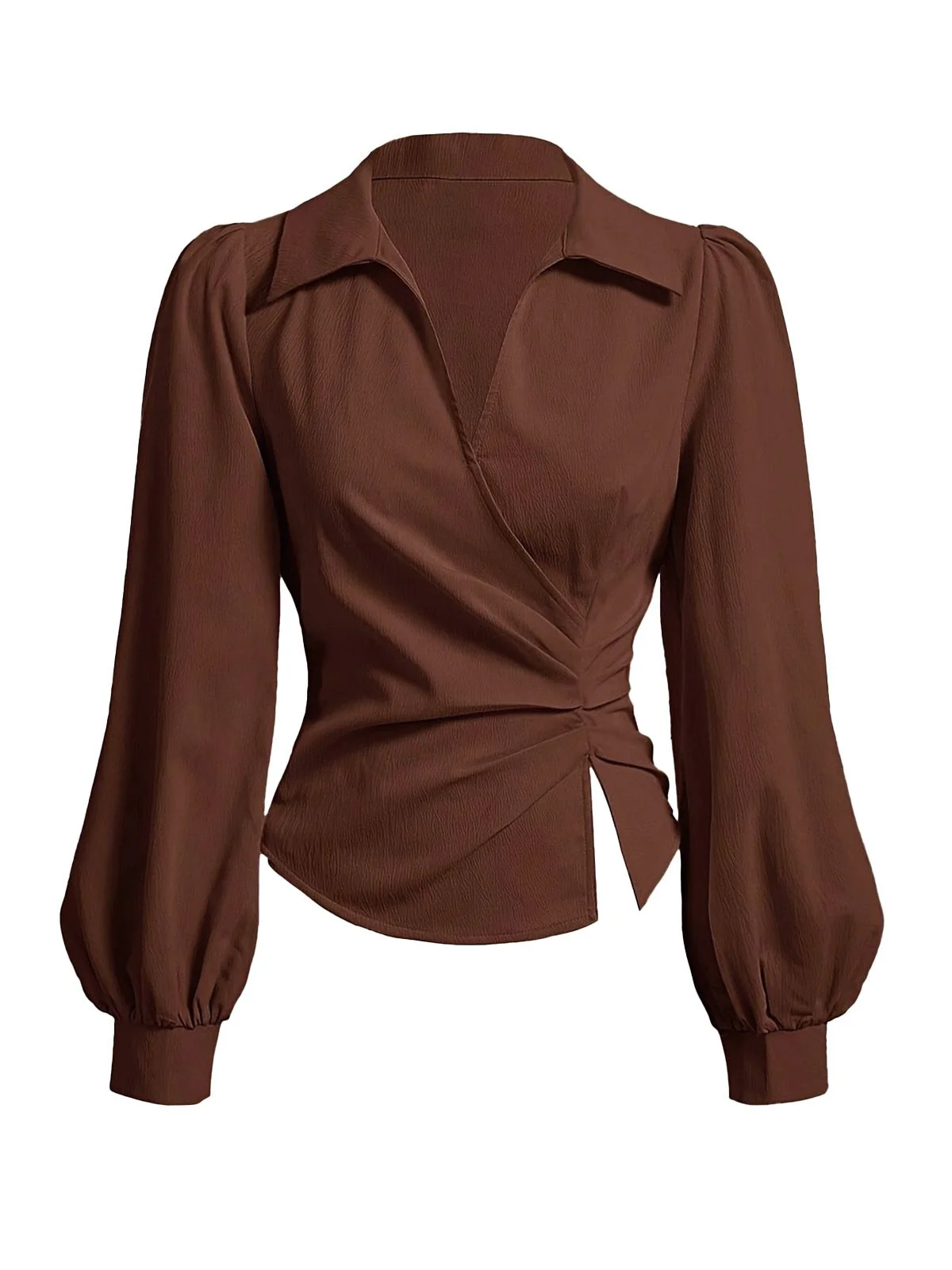 Coffee 1930s Lapel V-Neck Fitted Waist Lantern Sleeve Blouse - Image 2