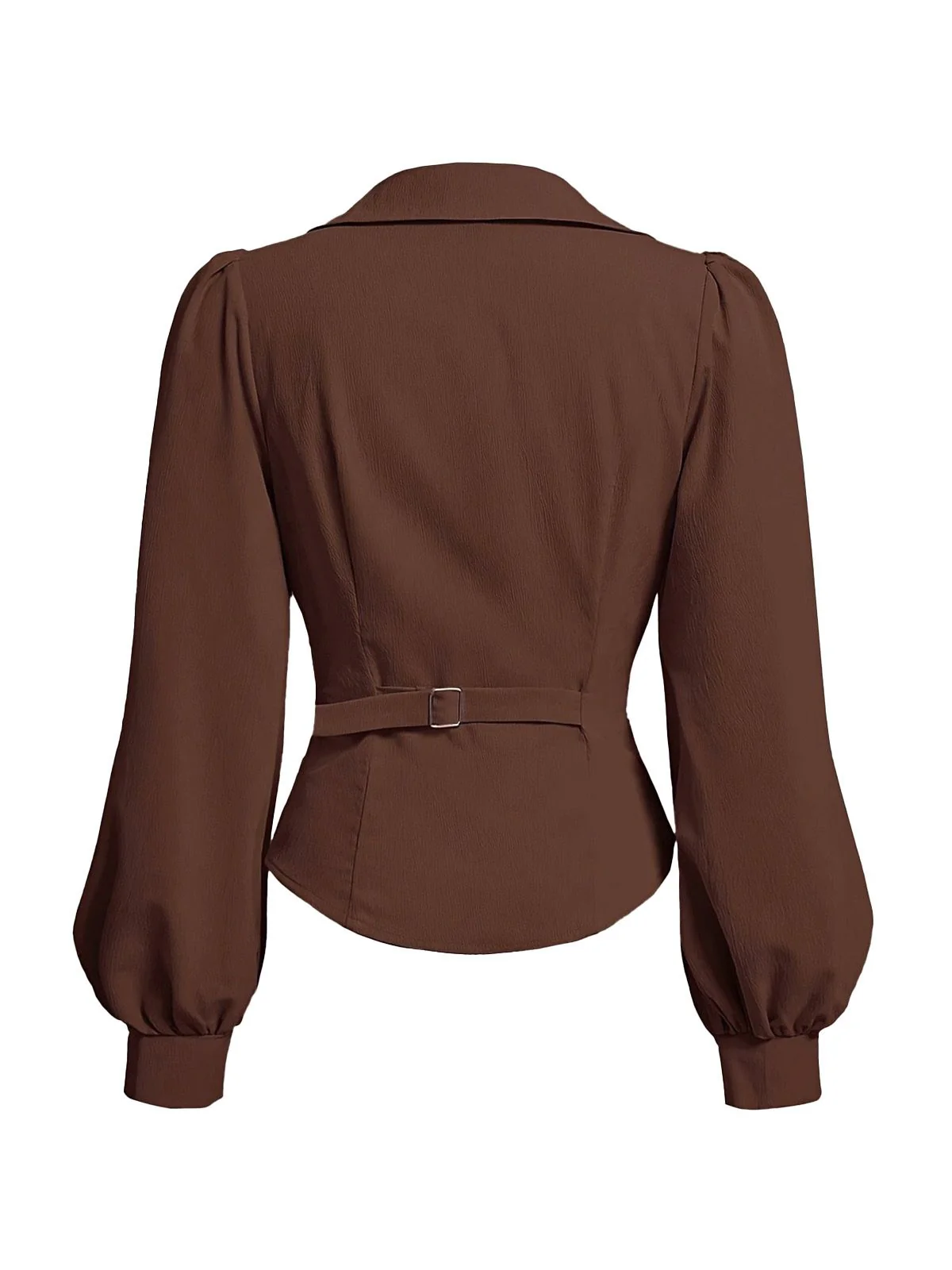 Coffee 1930s Lapel V-Neck Fitted Waist Lantern Sleeve Blouse - Image 3