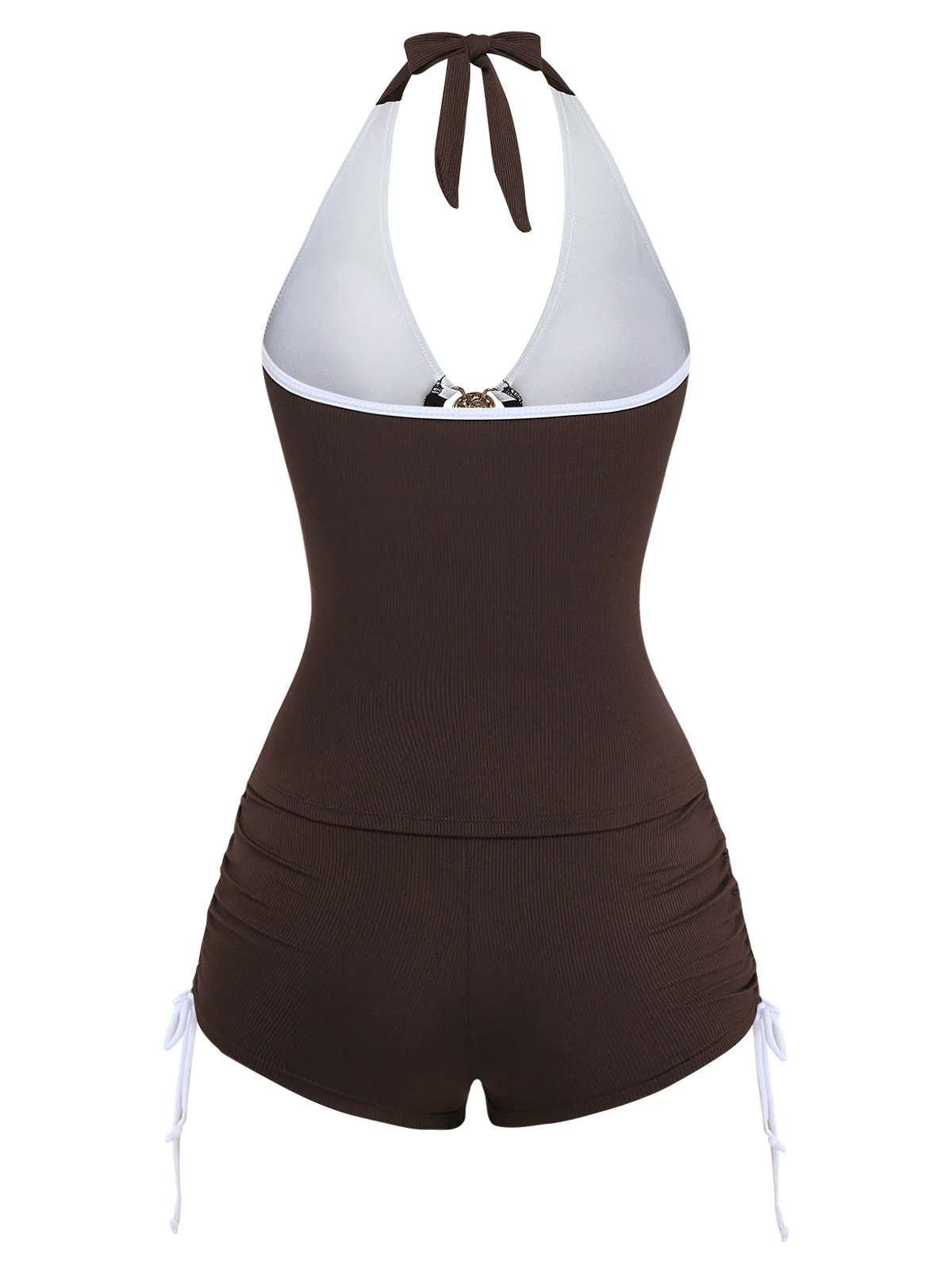 Coffee 1950s Halter Drawstring Ruched Tankini Set - Image 2
